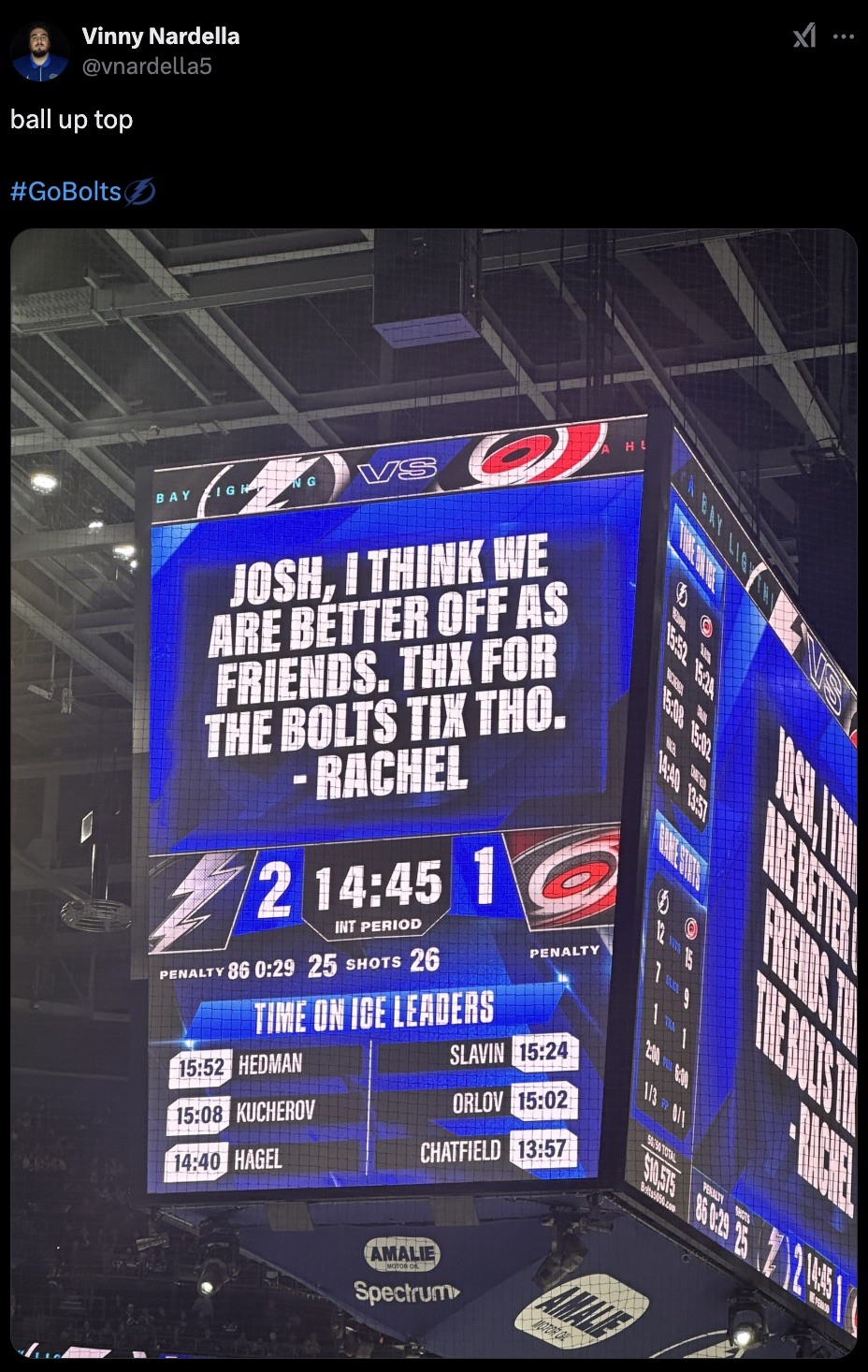 led display - Vinny Nardella ball up top Bay Ve Josh, I Think We Are Better Off As Friends. Thx For The Bolts Tix Tho. Rachel 2 1 St Period Penalty 86 25 Shots 26 Penalty Hedman Time On Ice Leaders Slavin Kucherov Orlov Hagel Chatfield Alie Spectrum